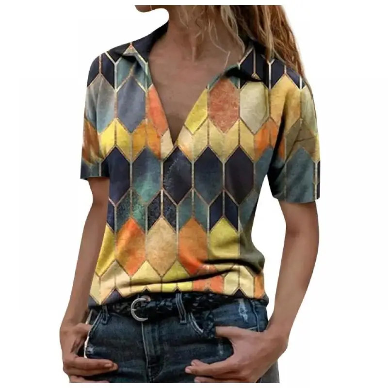 

2021 New Summer Women's T-Shirt Printed Casual Soft Short Sleeve Woman Tops V Neck Button Up Female Tee Office Ladies t Shirt