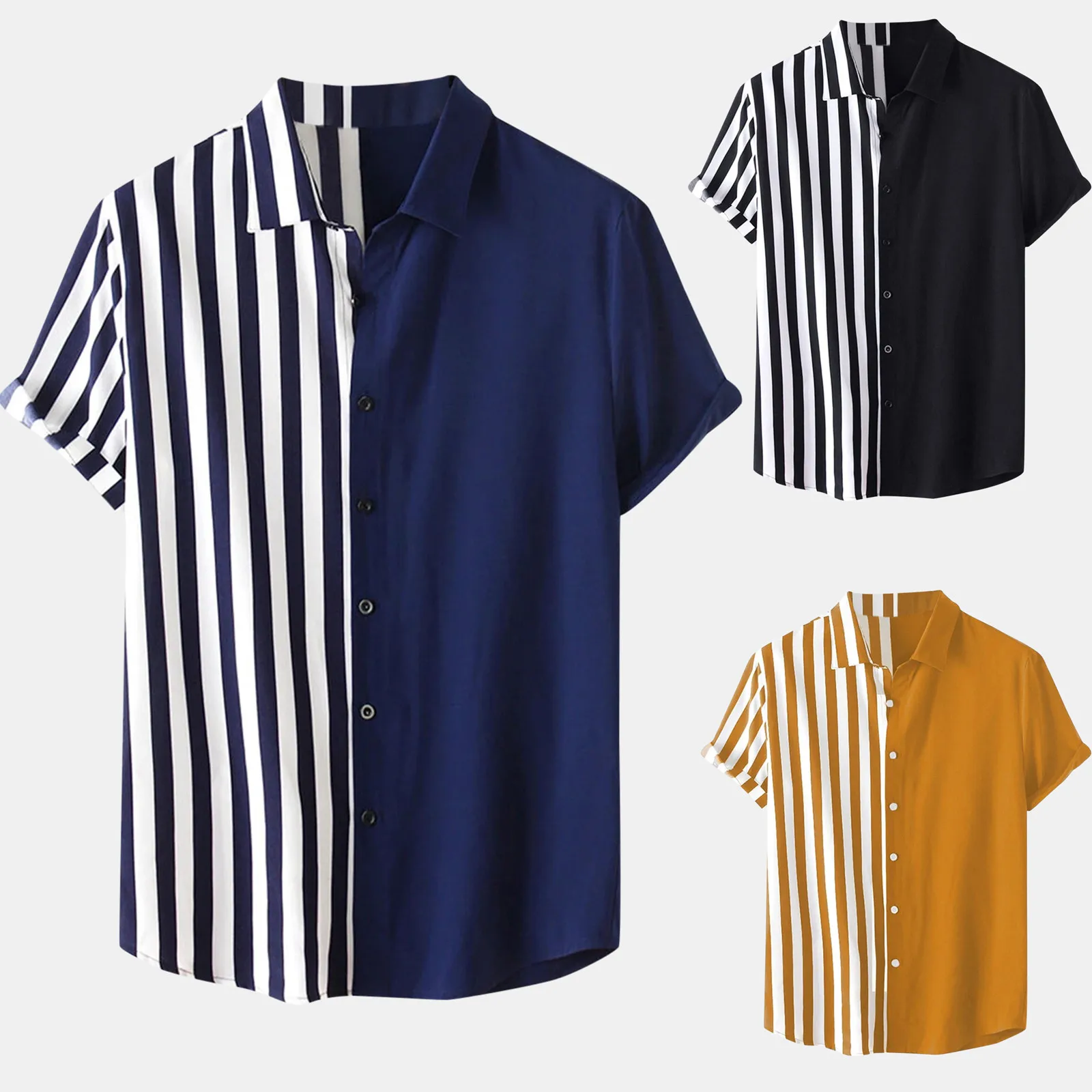 

Men's Oversize Shirt 2021 Summer Casual Stripe Print Splice Short Sleeve Button Turn-down Collar Shirt Blouse Camisas