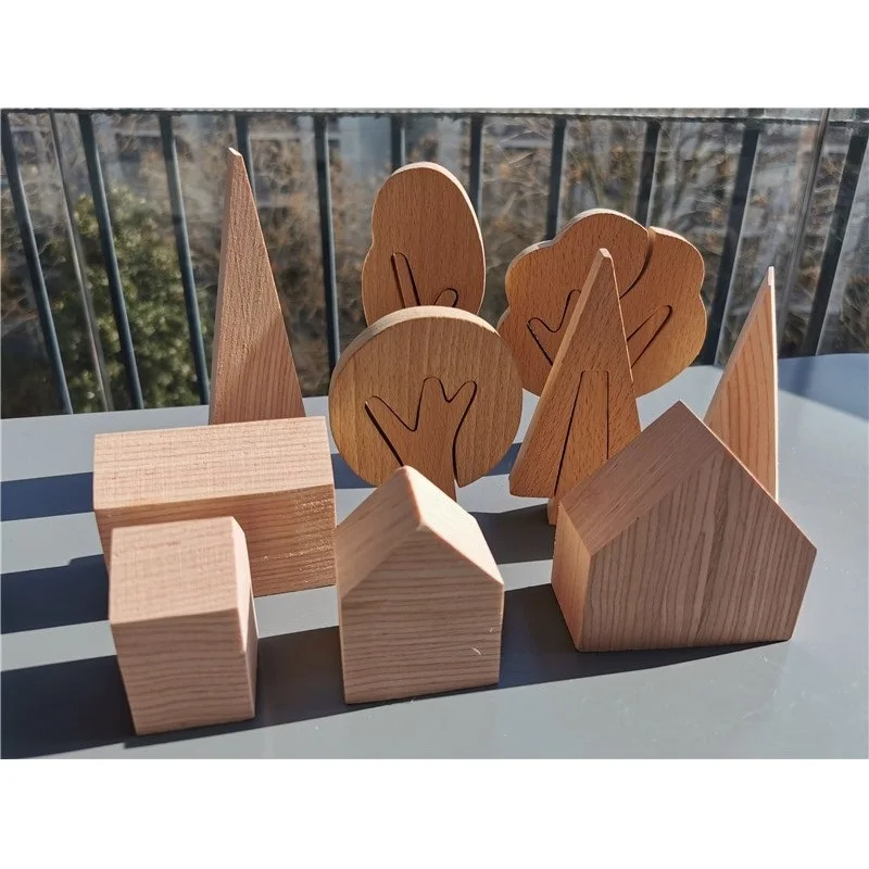 

Children Handmade Painting Beech Wooden Trees Toy /Kids DIY Red Oak Unpaint Wood House Mountain Block Set