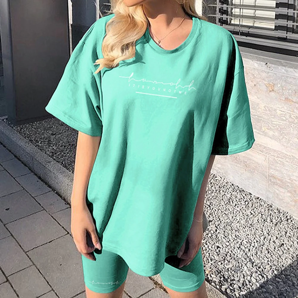 

2021 Letter Print Casual Women Suit Short Sleeve Oversized TShirt Elastic Slim Shorts Fashion Sreetwear Suit Two Pieces Set