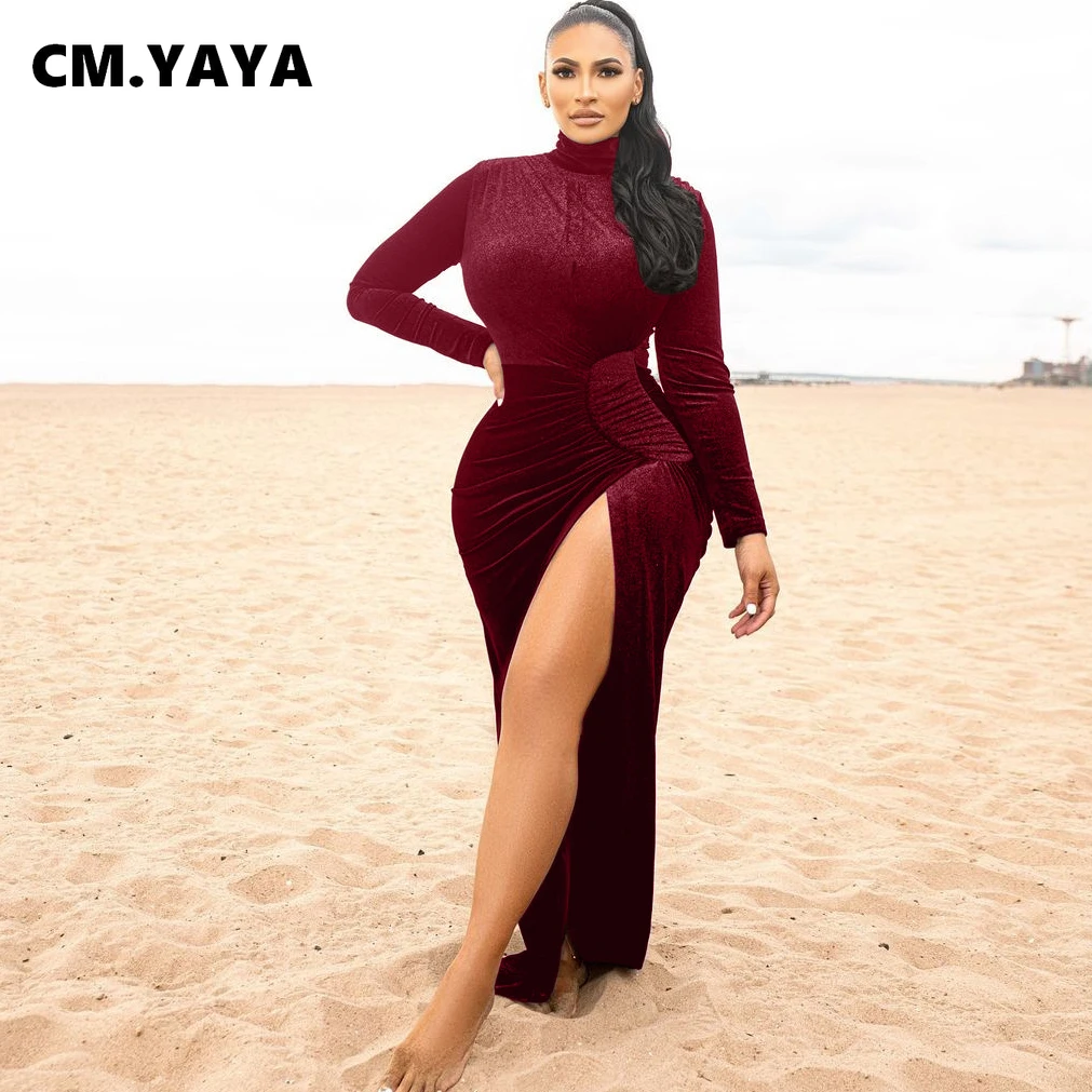 

CM.YAYA Women Turtleneck High Side Slit Long Sleeve Bodycon Midi Maxi Dress Velvet Sexy Club Draped High Waist Party Dresses