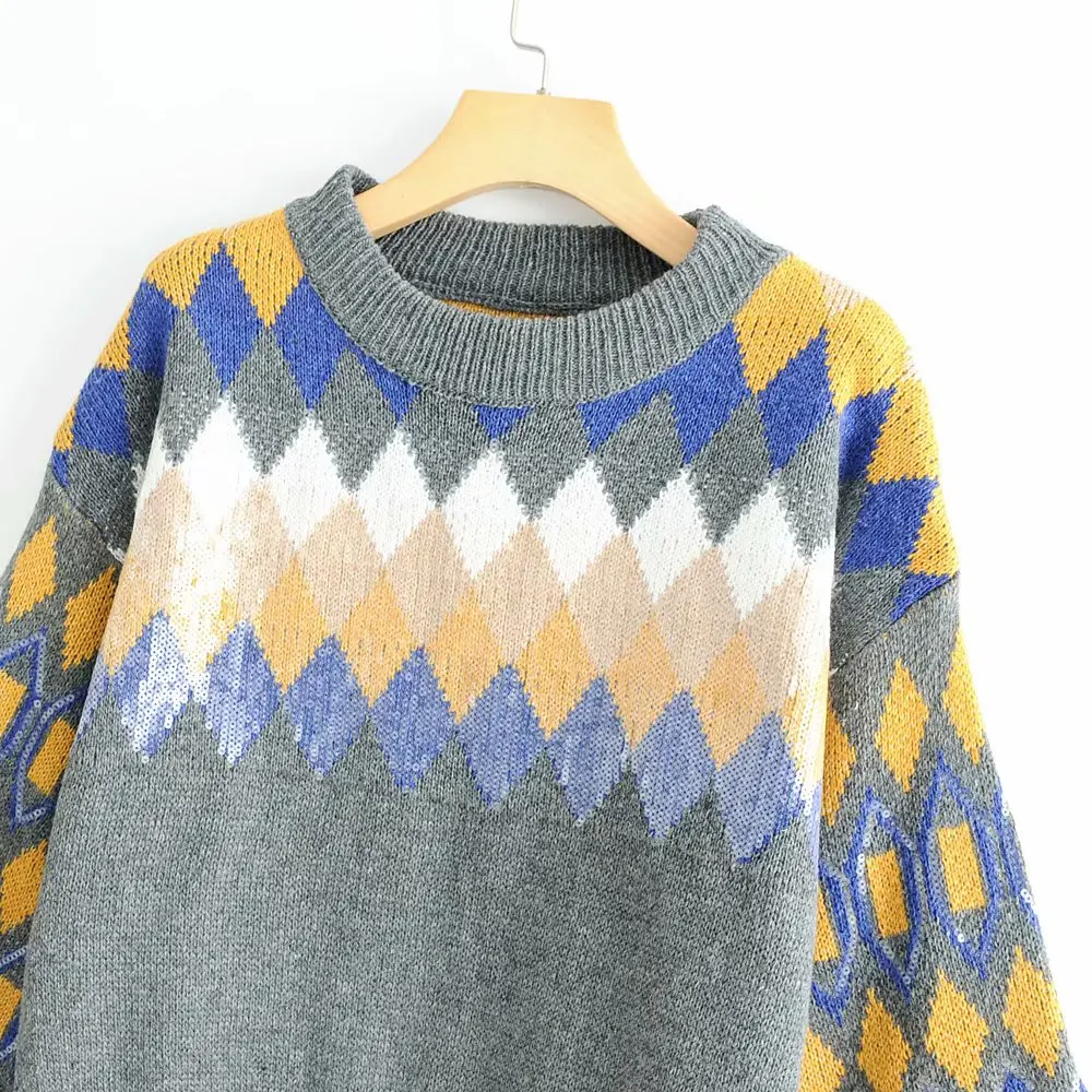 Женский вязаный свитер Za повседневный Свободный пуловер с геометрическим узором