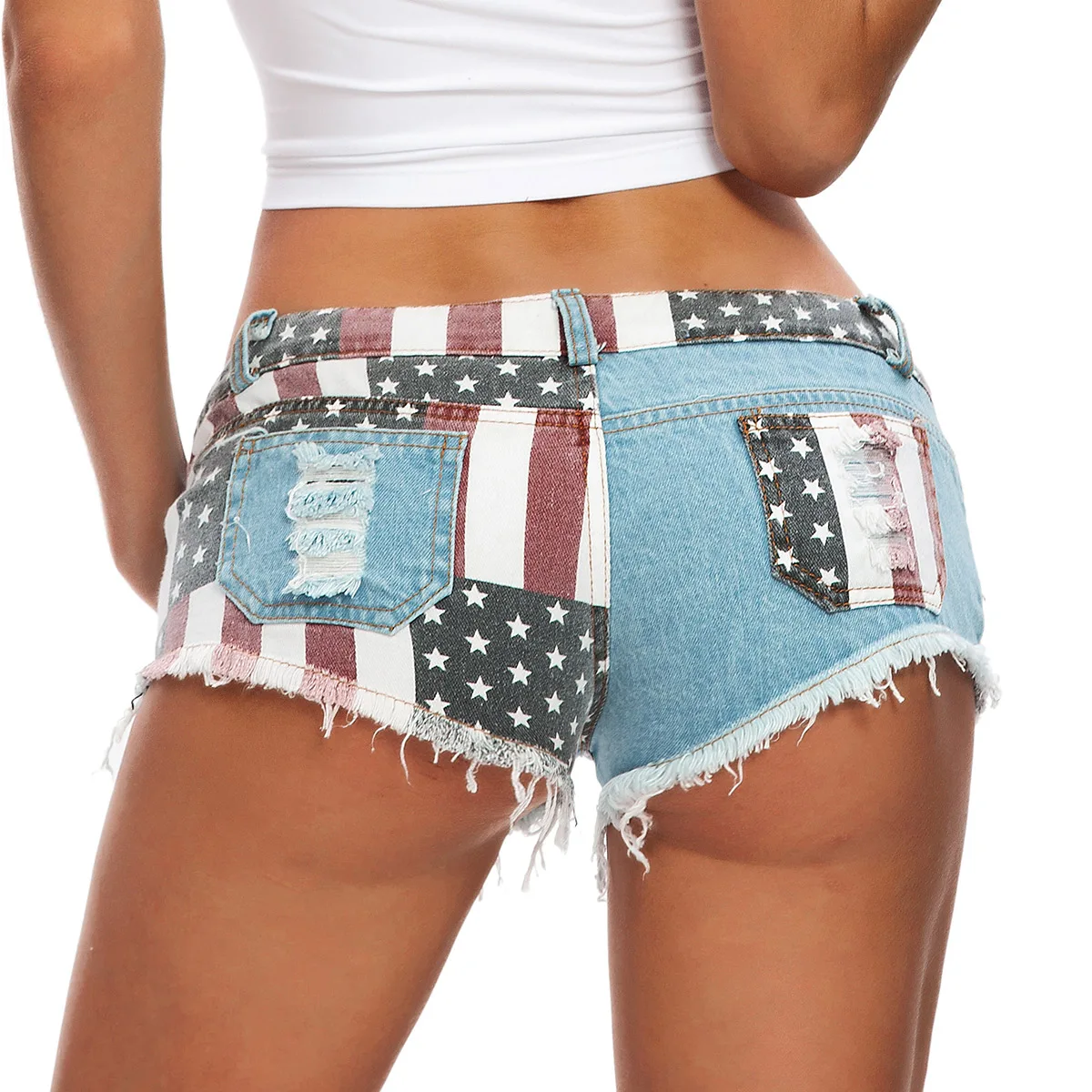 

Nightclub Beach Mini Tassels Party Shorts Sexy Low Rise Jeans Shorts Women USA Flag Printed Denim Shorts Skinny Hole Hot Pants