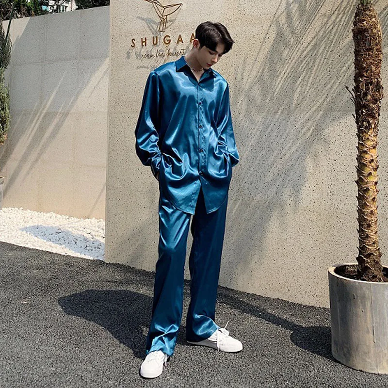 Рубашка мужская атласная с длинным рукавом тонкая Сорочка свободного покроя в