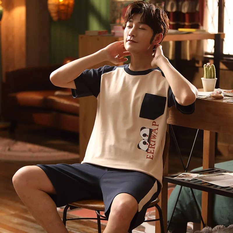 Summer Short-sleeved 100% Cotton Pyjama Set Men Style Couple Pijama Set Sleepwear Top+ Pants Lovers Pajamas Sets Women Nightwear