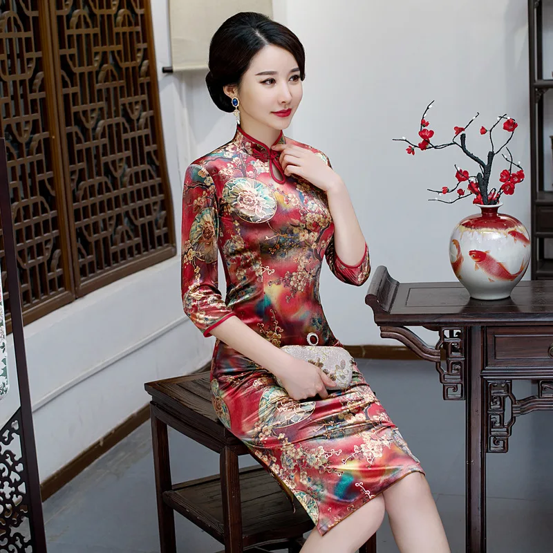 

Осеннее бархатное платье-Ципао средней длины с золотистым бархатным узором, Повседневное платье большого размера в ретро стиле с рукавом т...