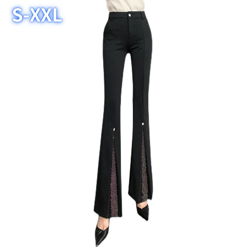 

European station heavy industry hot drill mesh stitching women black suit pants Women's plus size office flare trousers