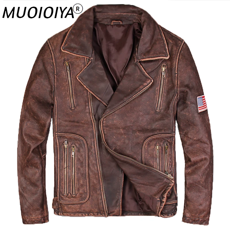 

2021 Men Vintage Brown Men Pilot Leather Jacket Genuine Cowhide Diagonal Zipper Winter Russian Aviator Coat FREE SHIPPING