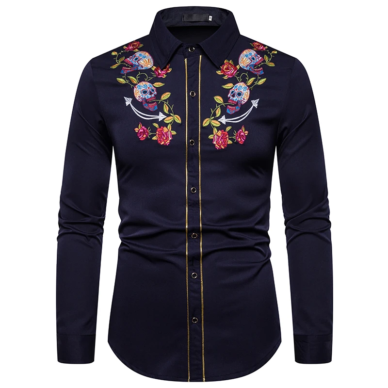 MJartoria Мужская мода Западный череп ковбоя и Роза вышивка рубашка Slim Fit