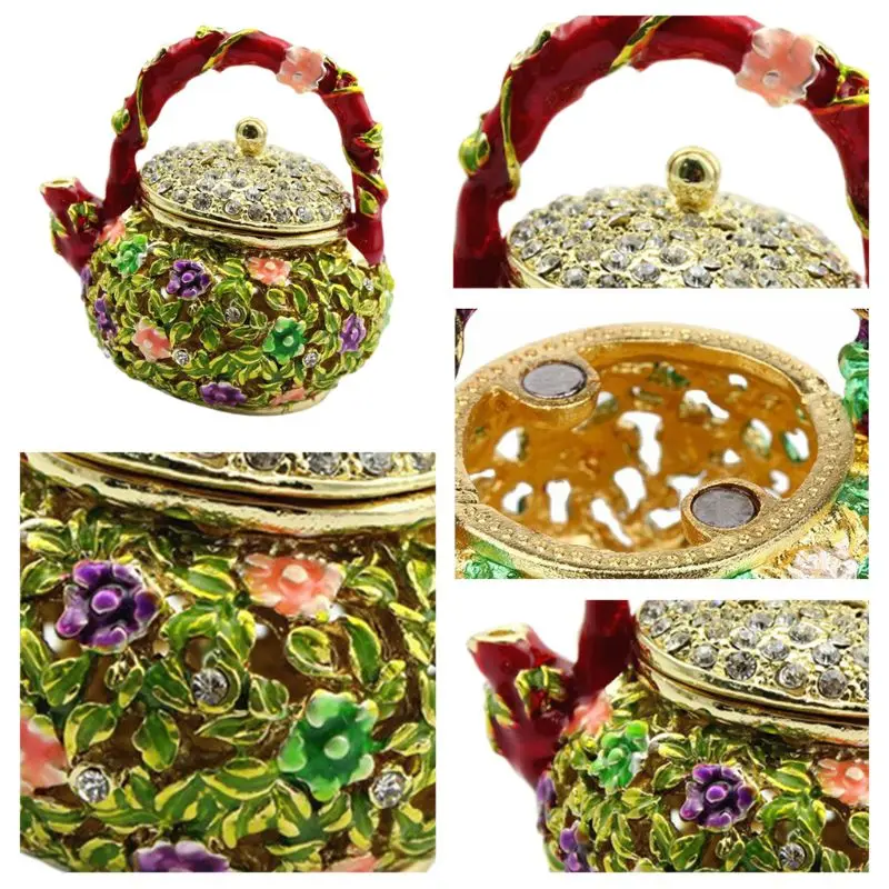 

Mini Teapot Trinket Boxes Ornament Crystals ,Hand-painted Patterns Jewelry Box T4MD