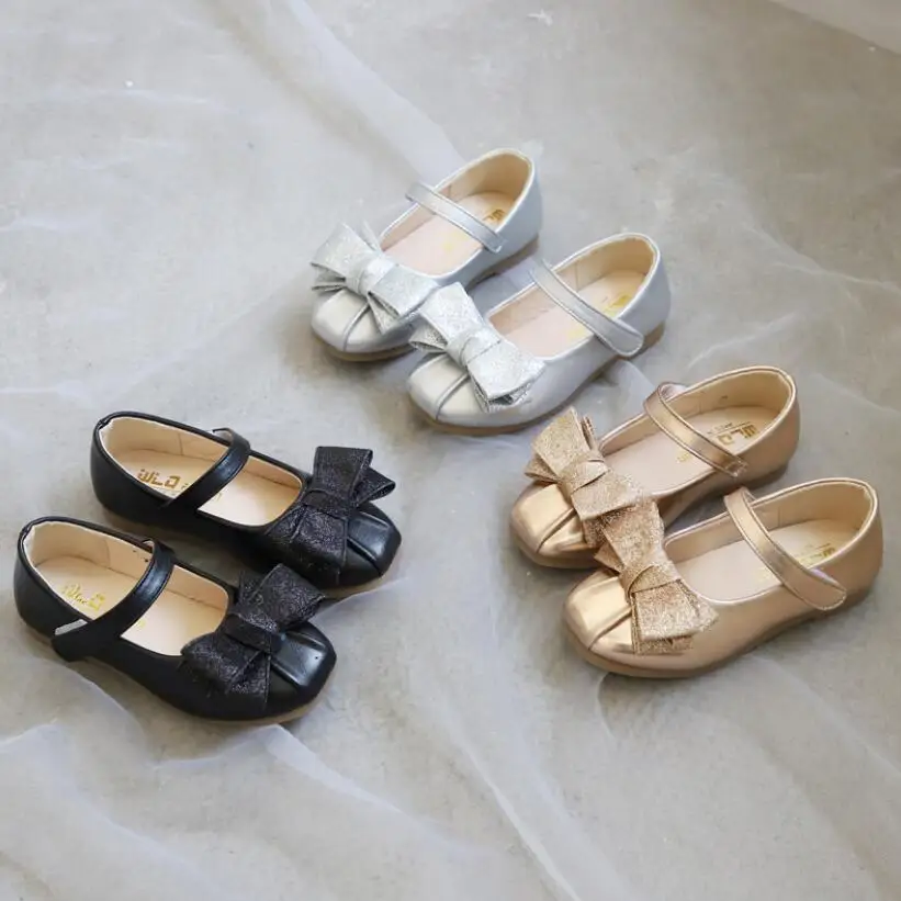 Zapatos escolares de princesa para niños, calzado plano de fiesta de cuero para niñas pequeñas, zapatillas informales para bebés, color dorado, plateado y negro