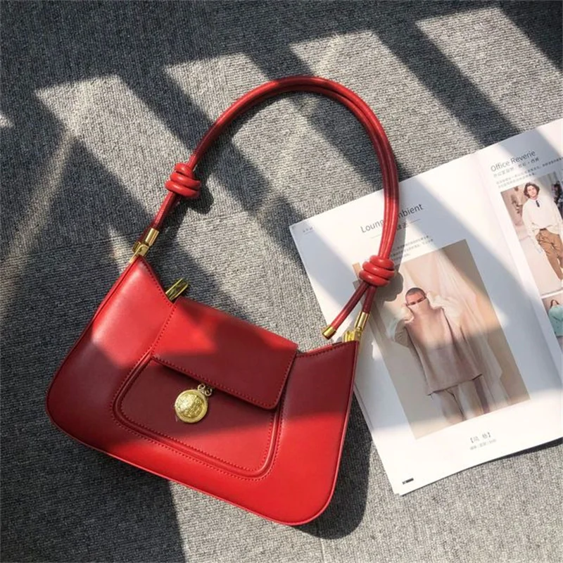 

FIRMRANCH Female Retro Classic Design Genuine Leather Vintage Shoulder Armpit Baguette Crossbody Daily Commuter Bag Knotted Chic