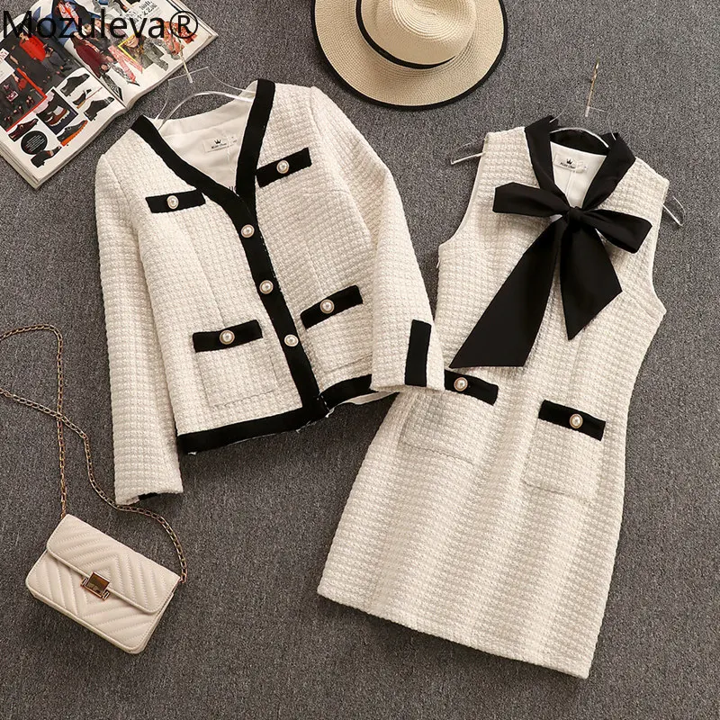 Mozuleva женские твид набор v образный ворот жемчужными пуговицами куртка + Бант шарф