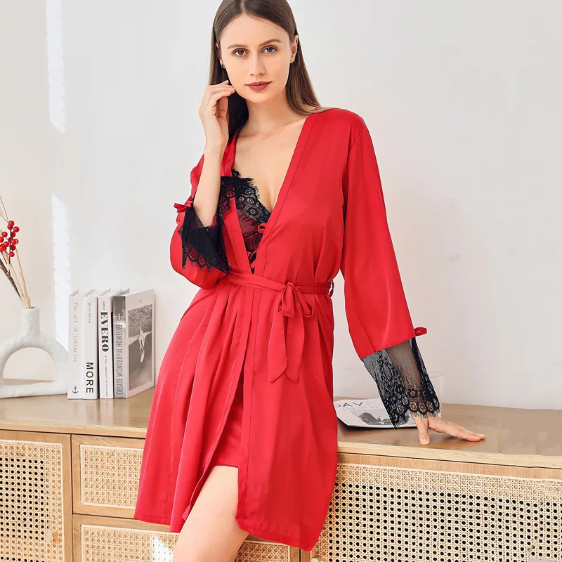 

2 Piece Robe Set Women Sleepwear Faux Silk Kimono Bathrobe Gown Sexy Bridal Wedding Gift Intimate Lingerie With Lace Nightgown