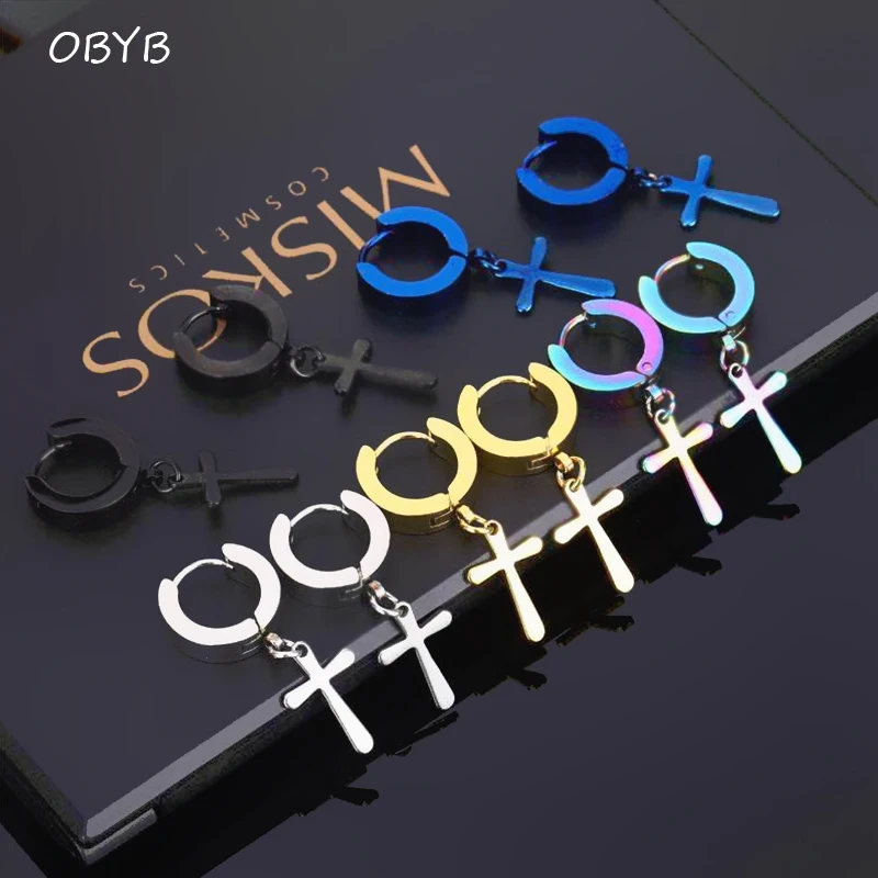 

OBYB 2pcs Women Men's Stainless Steel Dropping Earrings Black/Silver Color Cross Gothic Punk Rock Style Pendientes Mujer Moda