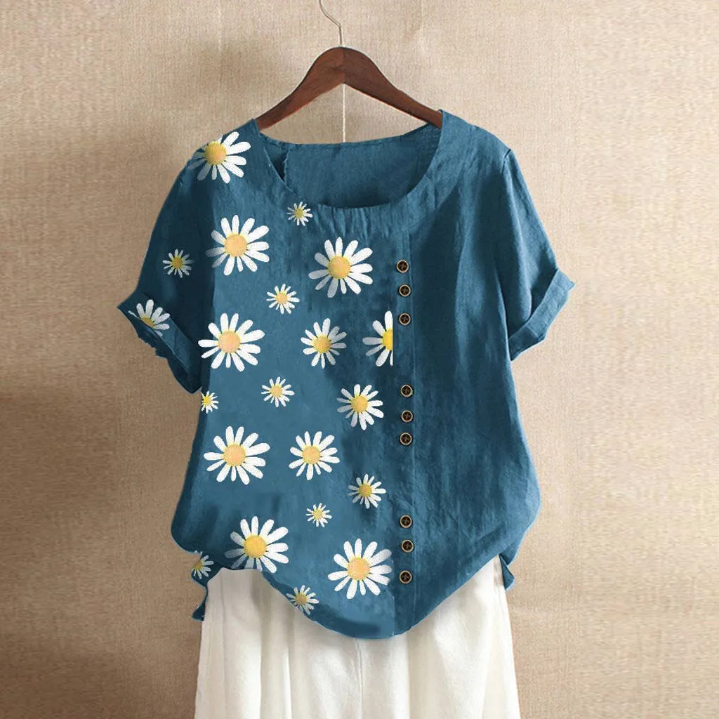 

Plus Size Fashion Linen Blouse Shirt Daisies Print Top Casual Summer Ladies Tops Female Women Short Sleeve Shirt Blusas Pullover