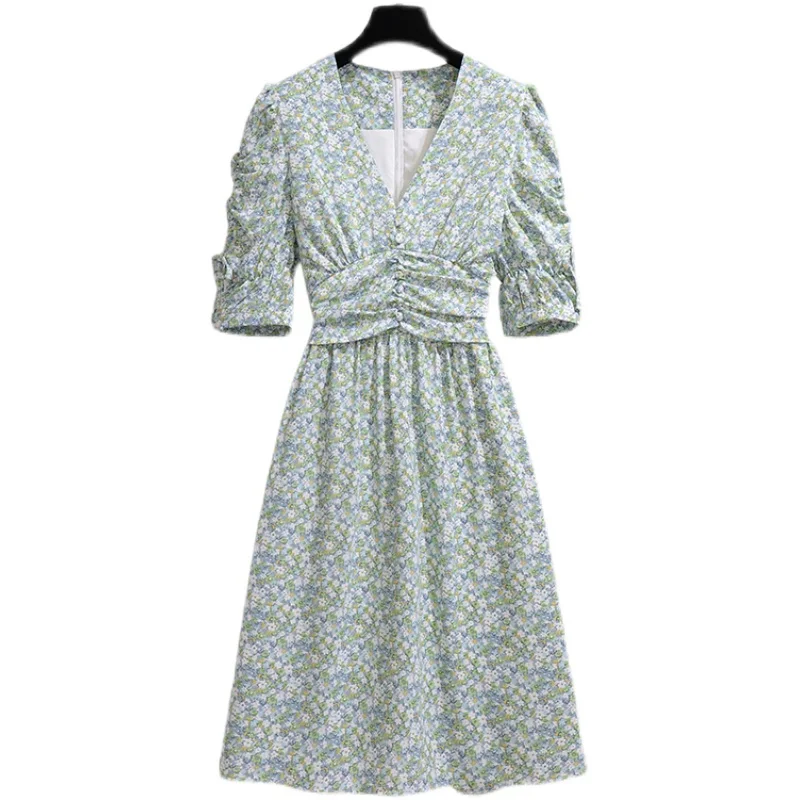 

2021 Chic Summer Chiffon Dress For Women V-Neck Puff Sleeves Drawstring Floral Printed Elegant A-Line Female Vacation Dresses