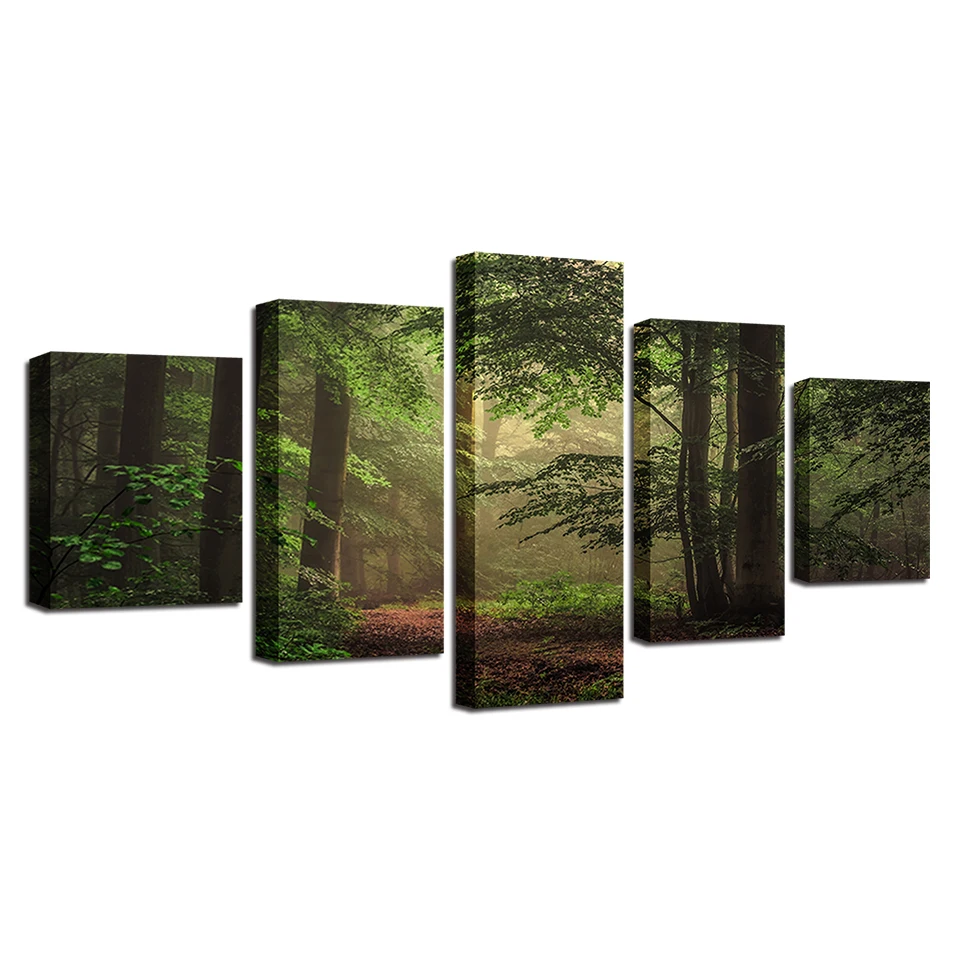 

Printed HD Paintings Frames Decor Modern Home Living Room 5 Pieces Green Forest Scenery Posters Modular Canvas Pictures Wall Art