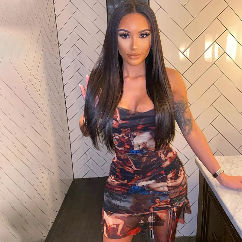

2020 Print Sleeveless Ruffles Shirring Sexy Spaghetti Strap Mini Dress Spring Summer Women Fashion Streetwear Clubwear Outfits