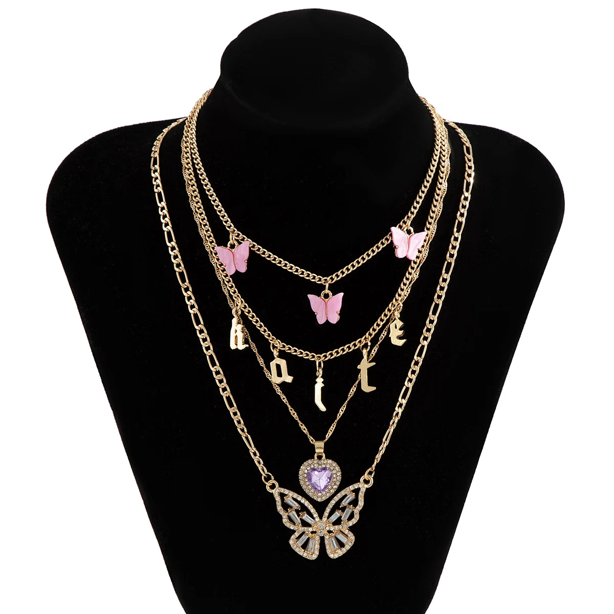 

KunJoe Bohemian New Fashion Multilayer Necklaces Exquisite Heart Letter Butterfly Pendant Necklace Gothic Statement Jewelry Gift
