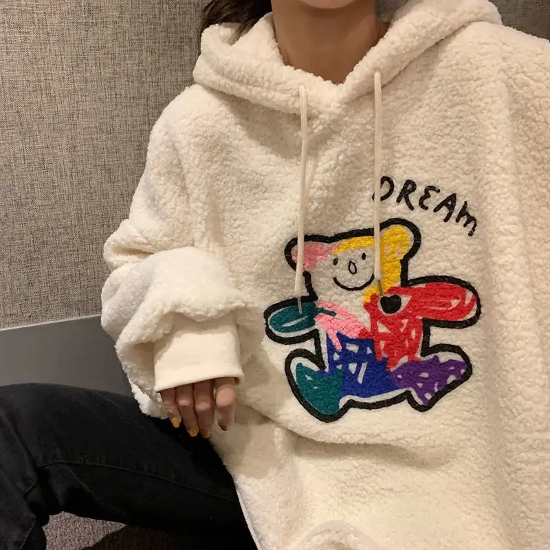 Bear ear hat pullover hoodie imitation lamb wool Korean winter ladies hoodie 2020 new Harajuku