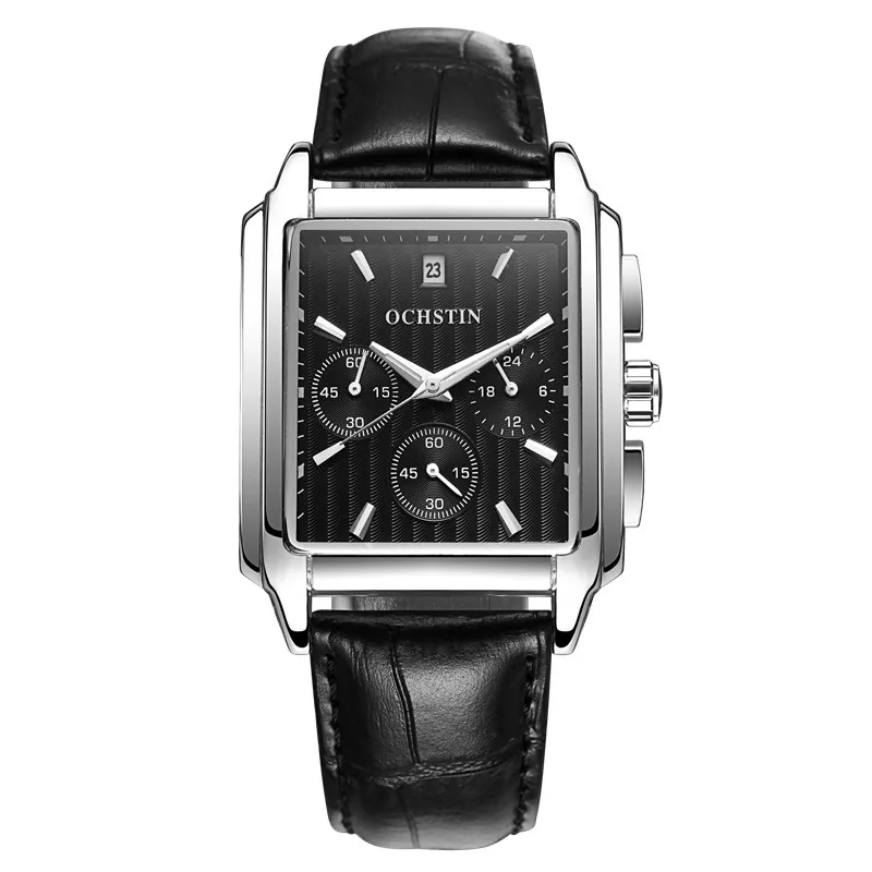 Часы мужские прямоугольные кварцевые с хронографом на кожаном ремешке 2020 |