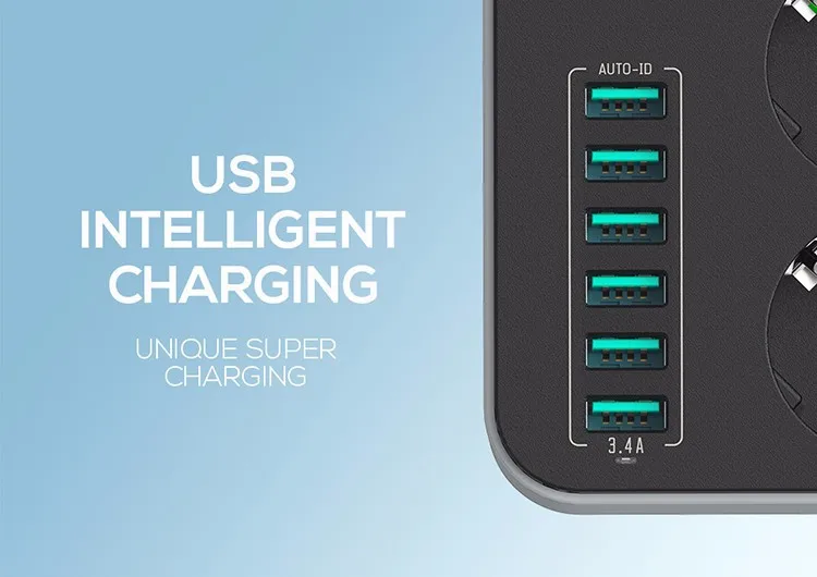 Сетевой фильтр с 3 розетками сетевой европейской вилкой удлинитель 6 портами USB