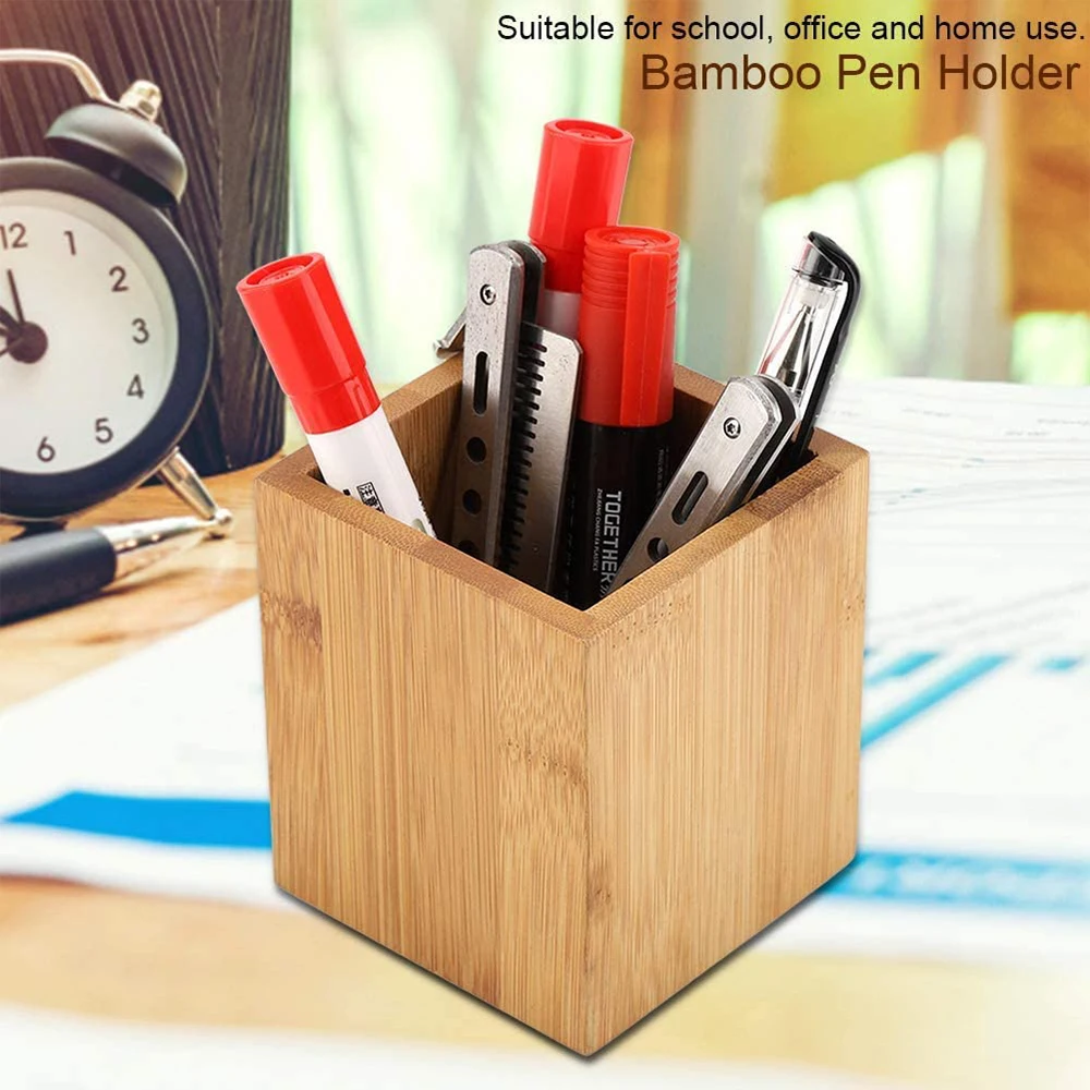 

Bamboo Pen Pencil Holder Makeup Brush Storage Office Stationery Organizer Square Container