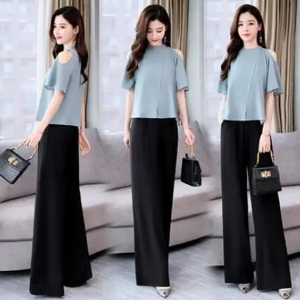 Женский элегантный комплект из двух предметов блузка и брюки с широкими