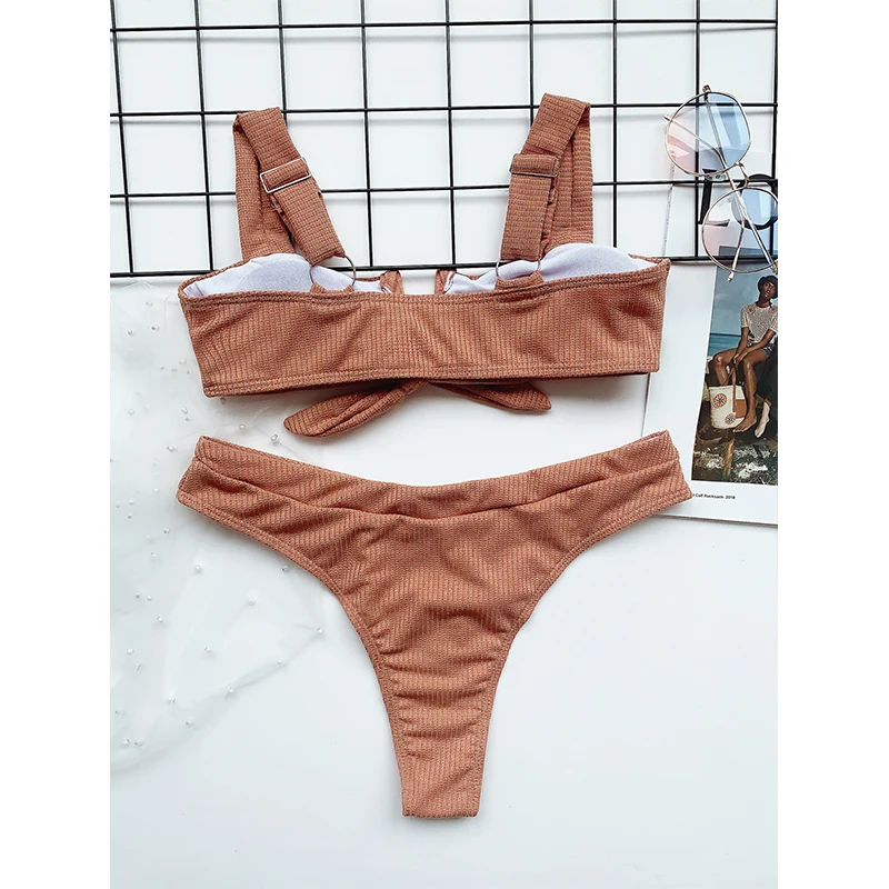 

High Waist Sexy Bikini Set Womens Split Solid Color Halter Bow Swimwear 2-piece Female Brazilian Push Up Beachwear Mini Bikini