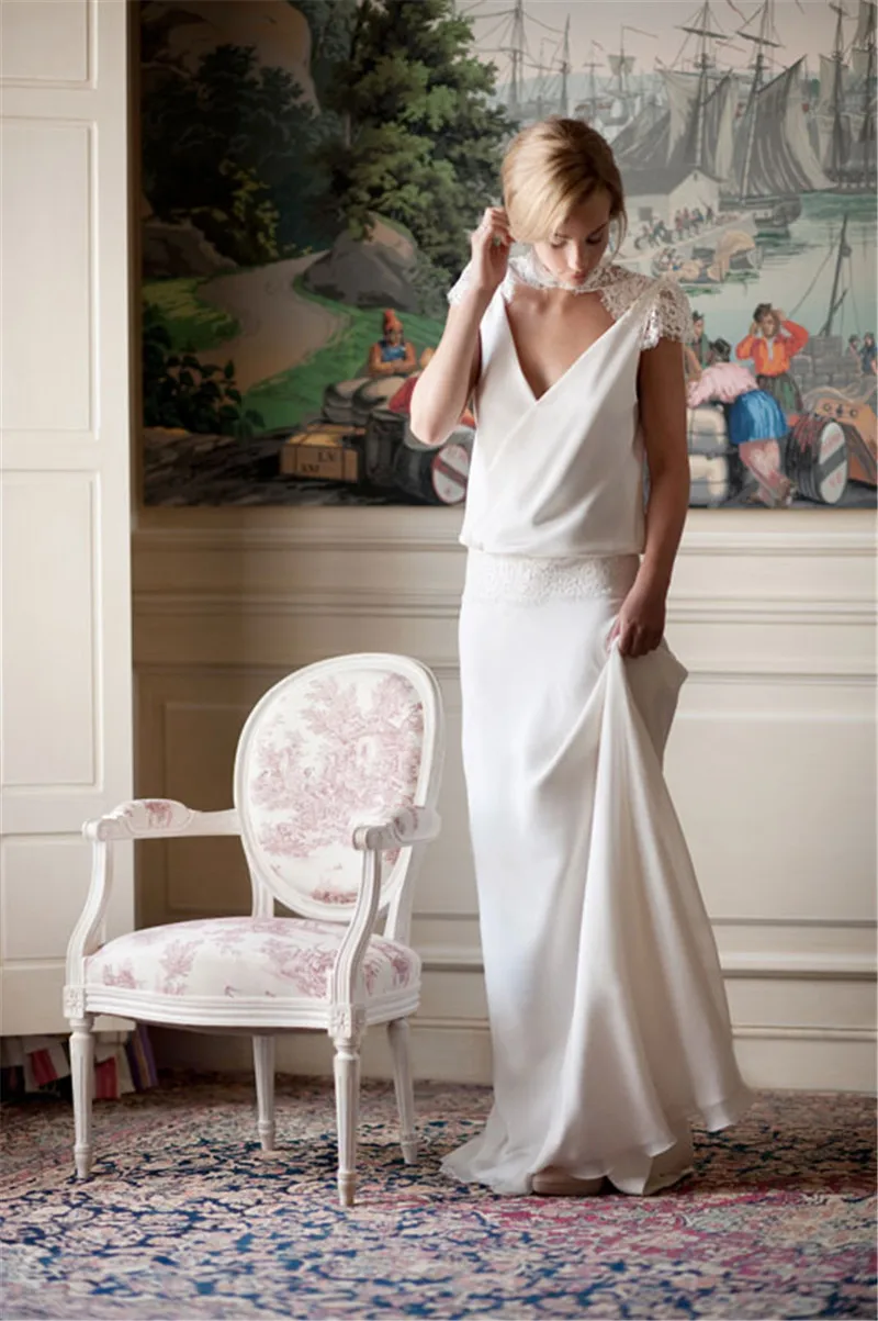 

robe de mariee 2019 Bohemian Wedding Dress Short Sleeve Chiffon Lace V Neck Appliques sweep Train beach Boho Bridal Gowns