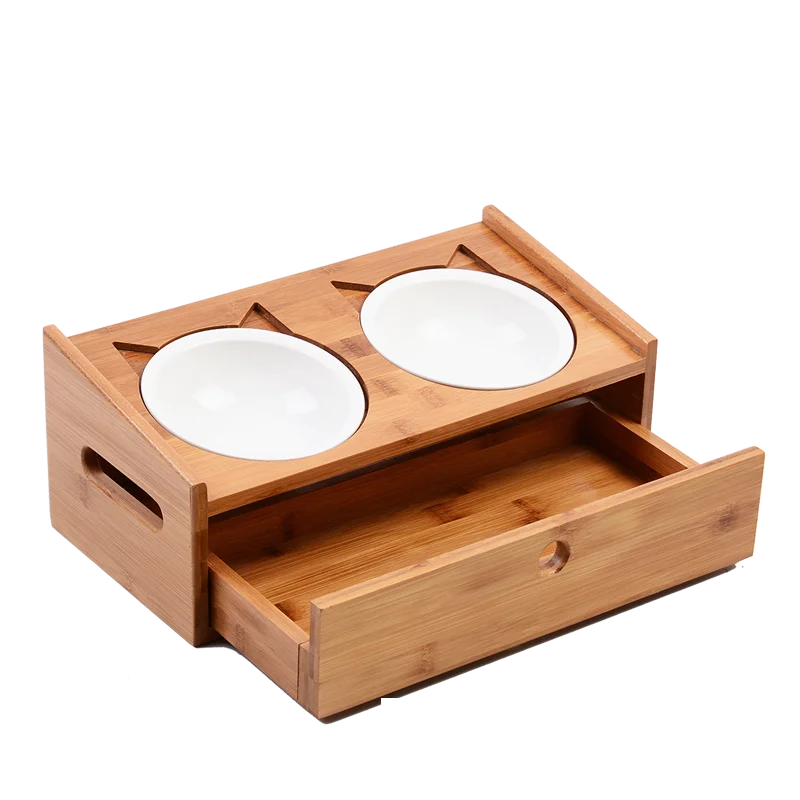 

Wooden Drawer Type Cat Dining Table Ceramic Double Bowl Pet Waterer Feeder Protect Cervical Spine Anti-Dumping Rack Cat Supplies