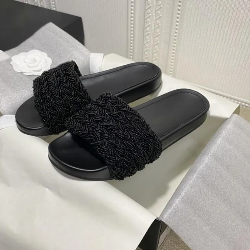 

Fashion Platform Pearl Slippers 2021 Summer New Beaded Flip Flops Ladies Daily Casual Flats External Wear Slides Beach Shoes