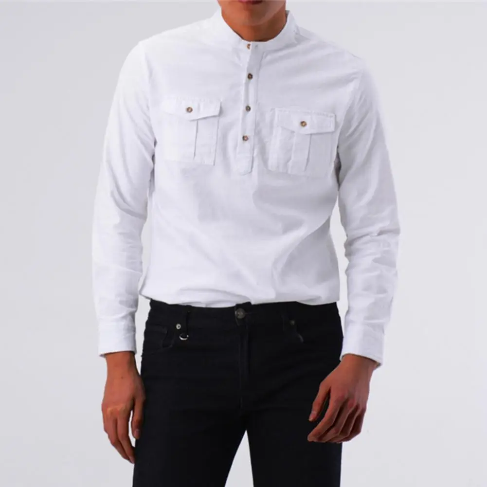 Мужская деловая рубашка с длинными рукавами воротником стойкой и двумя