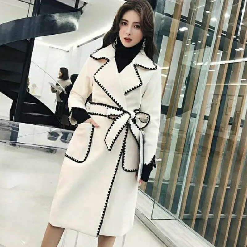 

Woolen Style Slim Female Trend Lace New Wave-edge Suit Collar Mid-length Coat for Fall and Winter Korean