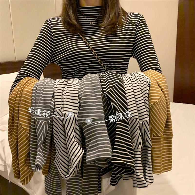 

Spring Autumn Striped T Shirt Women Korean Casual All-match Velvet Stretch High Neck Long Sleeved Striped T-shirt Top Bottoming