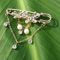 shiny crystal butterfly pins women brooch corsage pearl dangle chain tassel pin jewelry 18k gold plated broches