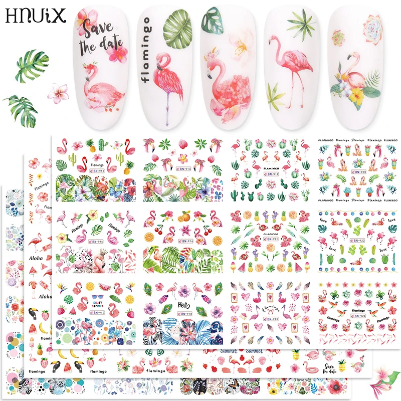 

12 designs water decals slider summer Jungle flamingo pink parrot flore filigree nail sticker decoration envelopes manicure