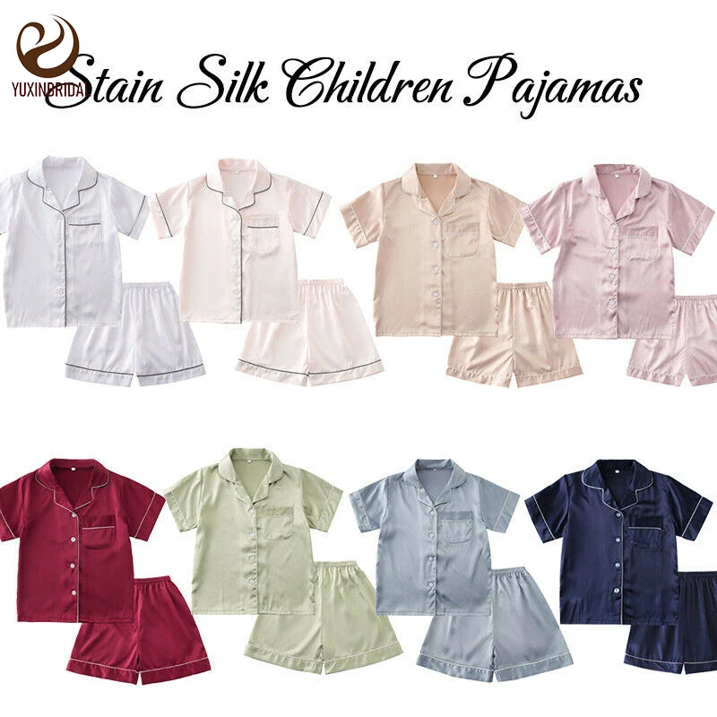 Kids Girls Boys Pajamas Set Silk Satin Pajamas Set Kids Suit Short Sleeve Sleepwear Nightwear Chlidren Pajamas Set