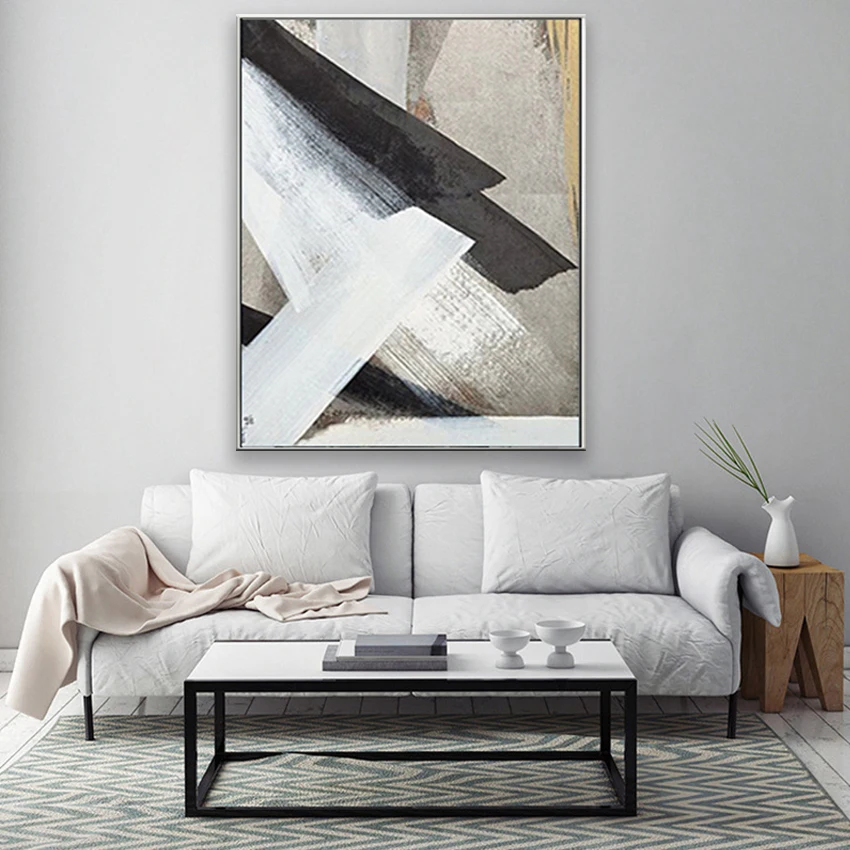

wall posters Nordic black and white landscape Hand drawn abstarct oil painting on canvas art picture for living room sofa hotel