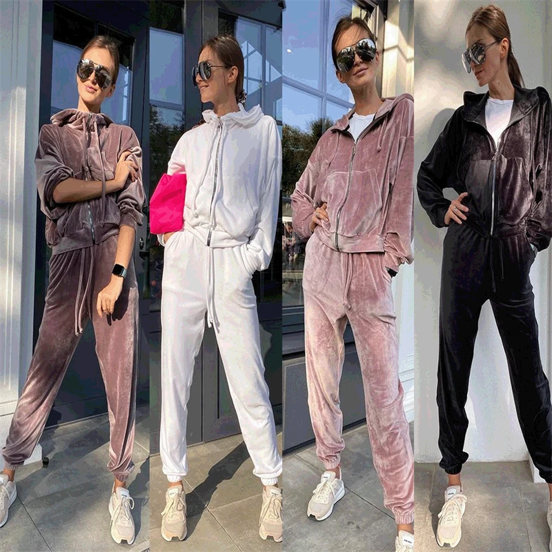 

Gold Velvet Tracksuit Women Two Piece Set Autumn Clothes Zipper Hooded Jacket Top and Long Pants Suit Casual Velour Women's Sets
