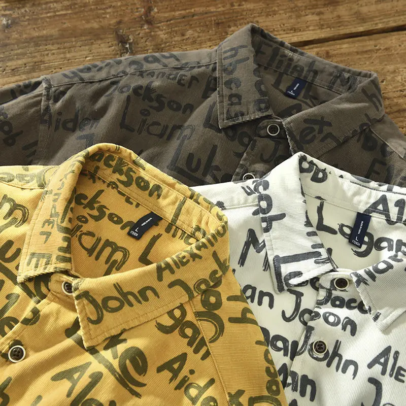 

Japanese Style Vintage Printed Corduroy Long-Sleeved Shirt Men 's Fall Plus Size Casual Cotton Lapel Cardigan Top