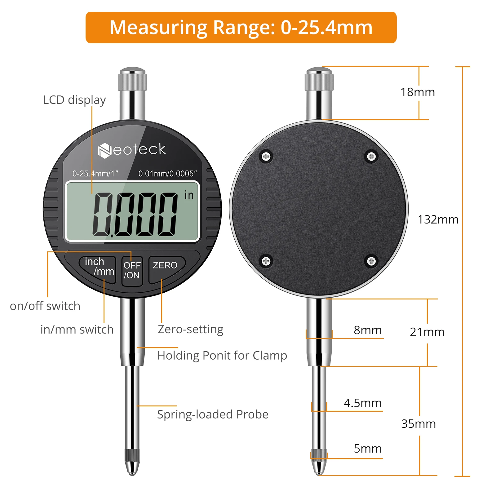 Neoteck Electronic Digital Dial Indicator Gage Gauge and Magnetic Base 0-1 Inch/25.4 mm Inch/Metric Conversion Auto Off Tools |