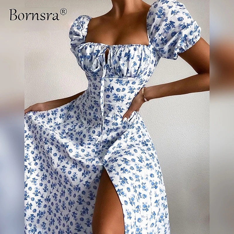 

Bornsra Floral Print Women Dress Puff Short Sleeve Party Elegant Lace Up 2021 Summer Fashion Club Sexy Long Dresses Vintage
