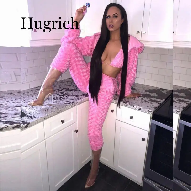 Пушистый Розовый пикантный комплект из 3 предметов женская одежда 2020 уличная