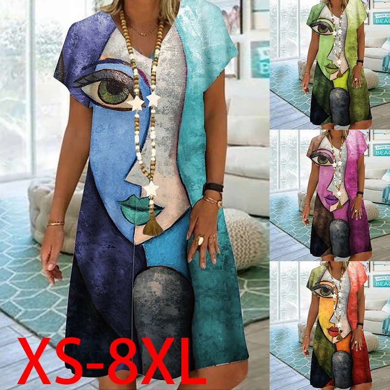 

Casual Loose Summer V-neck Short Sleeve Printed Mid-length Dress Fashion Printed Dress Beach Party Casual Dress XS-8XL