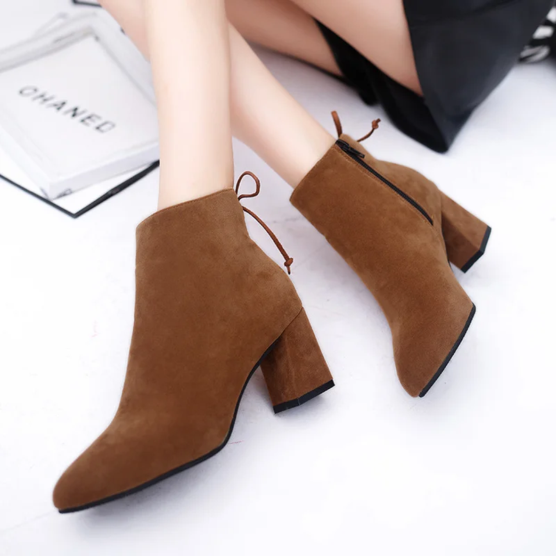 

New Womens Short Boots Female Pointed Toe Thick Heel High Heel Ankle Boots Flock Zipper Single Boots Autumn Size 34-42