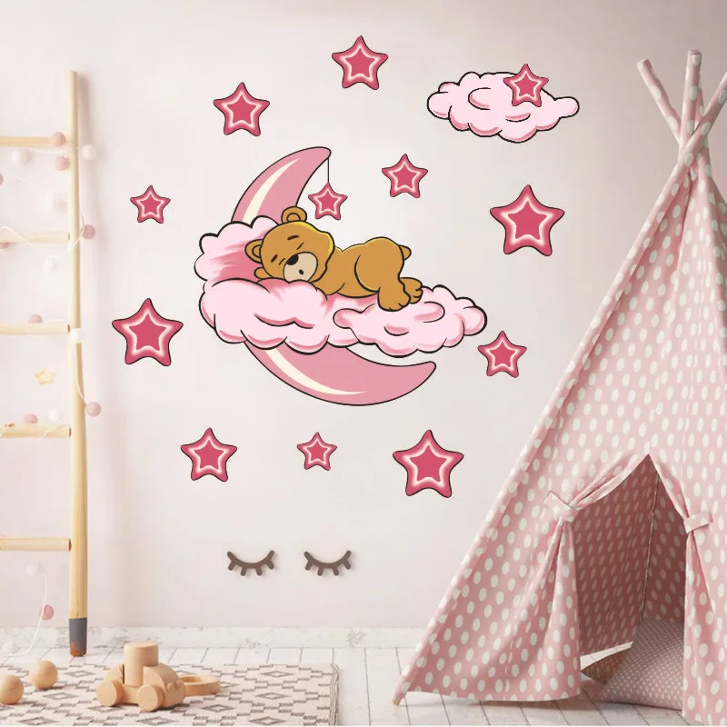 

Cute moon bear Wall Sticker Baby Kids Living Room Vinyl Decal Sleeping Bear Moon Stars & Moon Removable Mural Nursery Decor