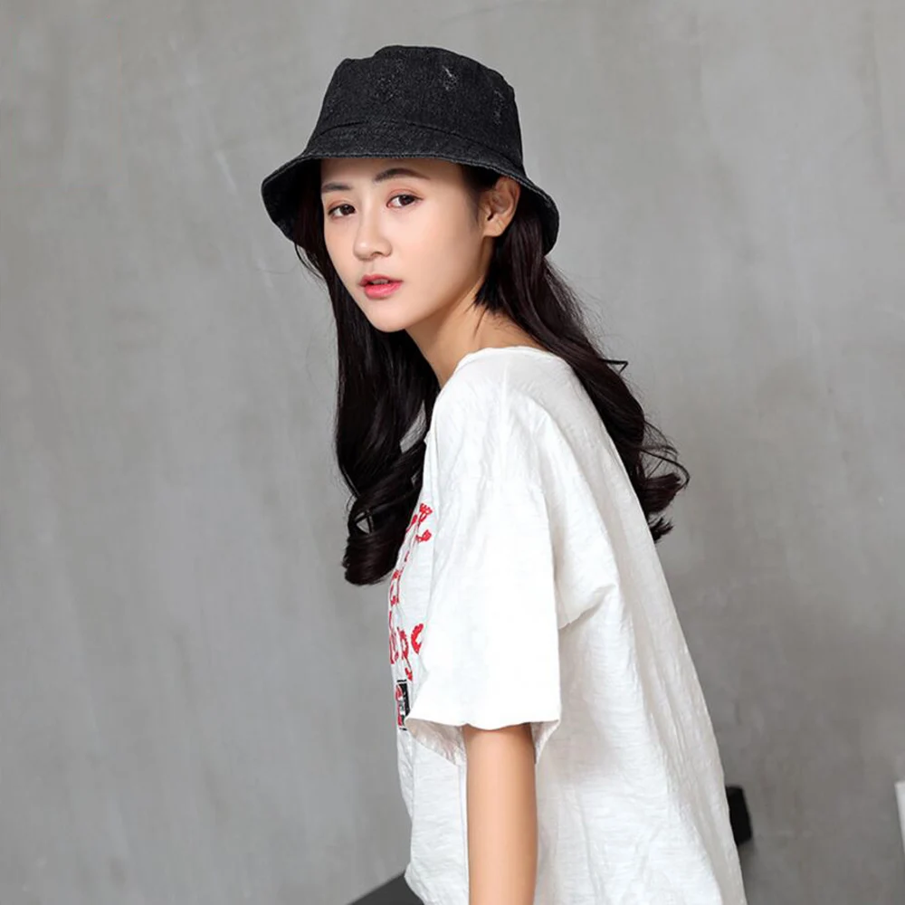 

Washed hole Denim Sun Hat Women Fashion Tassel Floppy Cap Ladies Wide Brim Beach summer Bucket Hats Cotton foldable Chapeu