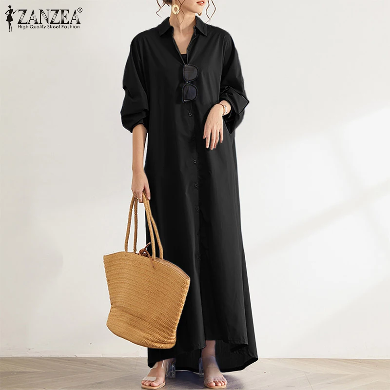 

ZANZEA Women Autumn Solid Shirt Dress 2021 Vintage Casual Long Sleeve Maxi Sundress Lapel Vestidos Female Button Robe Oversized